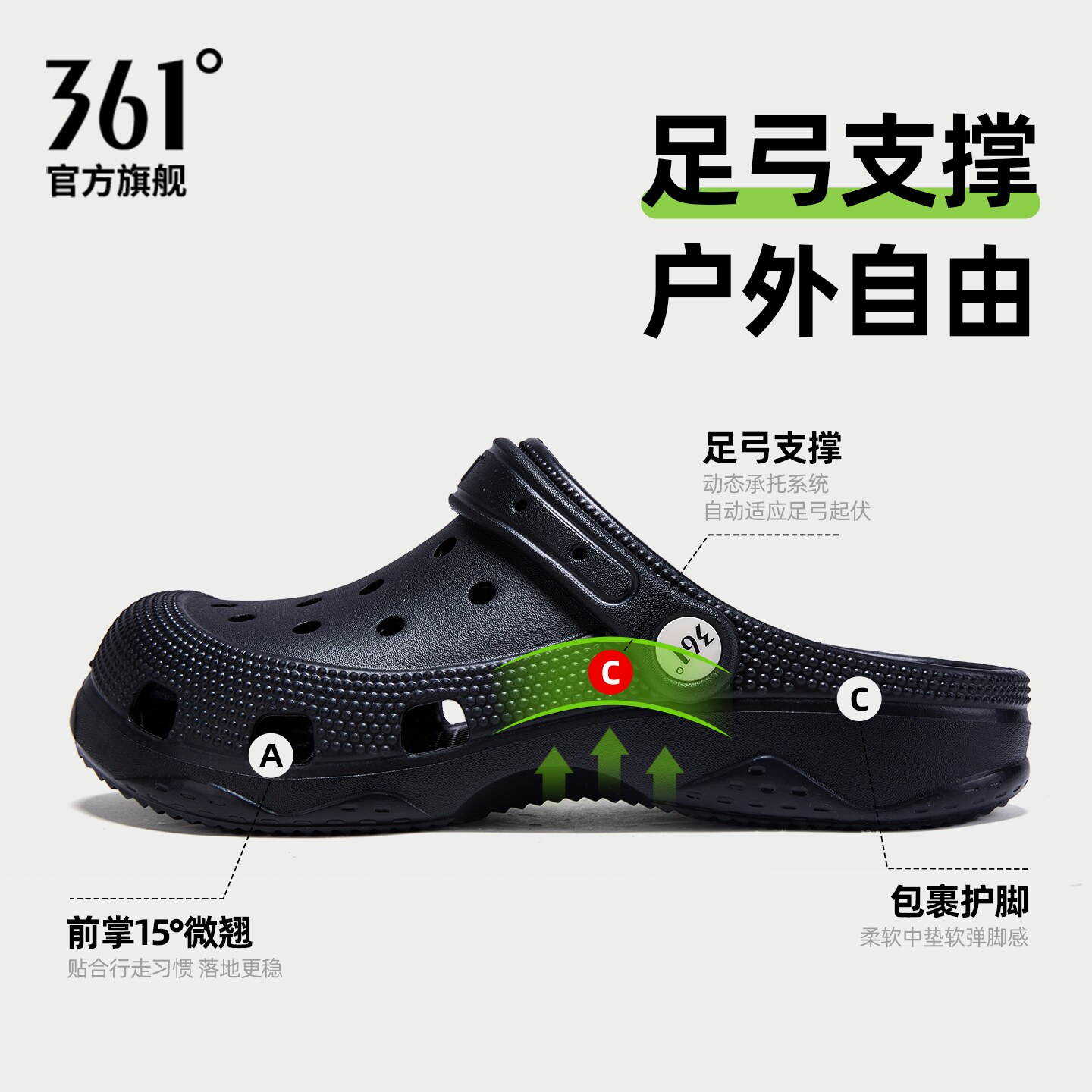 361足弓支撑洞洞鞋女款黑色透气夏季新款轻便外穿防滑凉拖鞋子男
