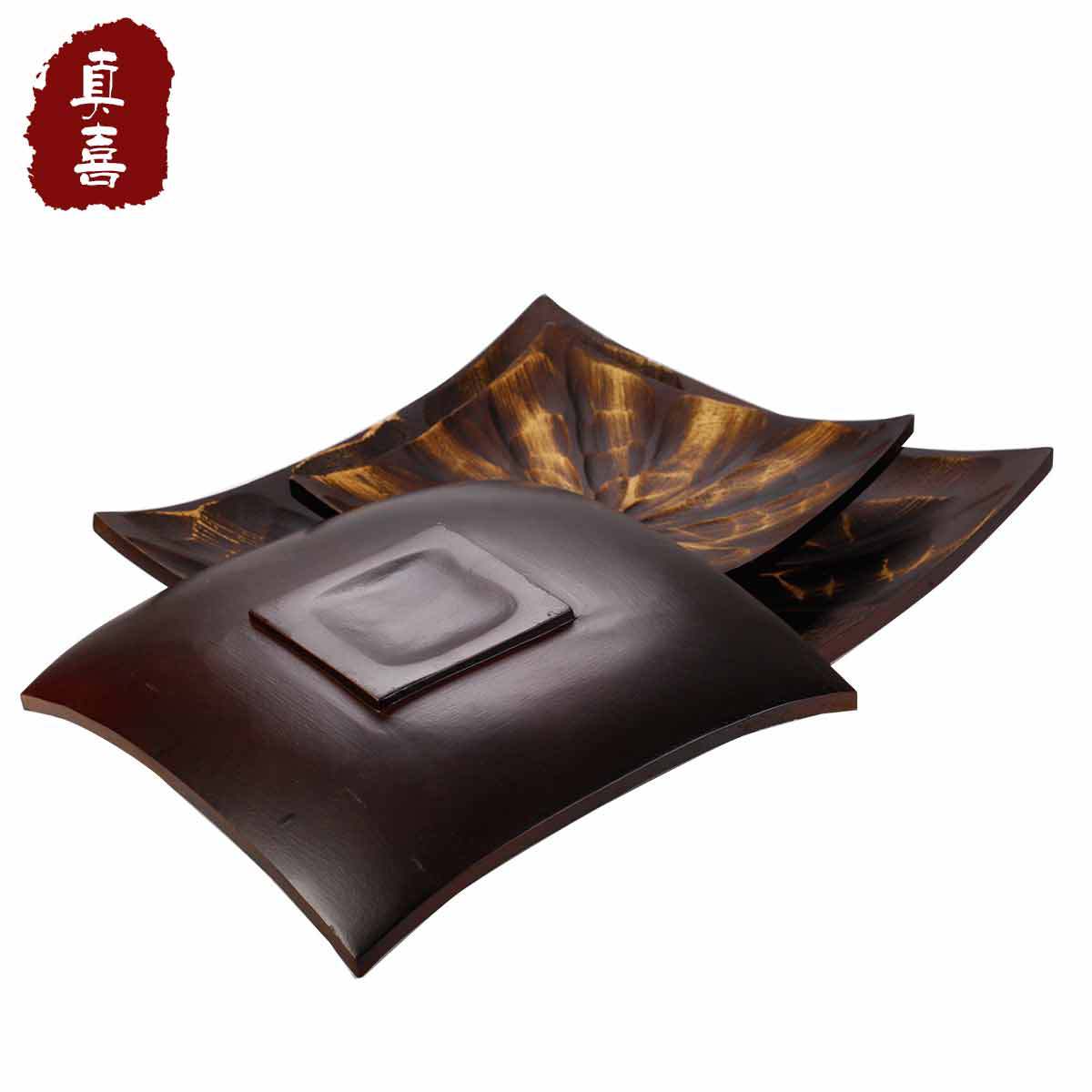泰国木质雕刻工艺品酒店会摆饰茶果盘套装方形叶脉托盘咖啡色