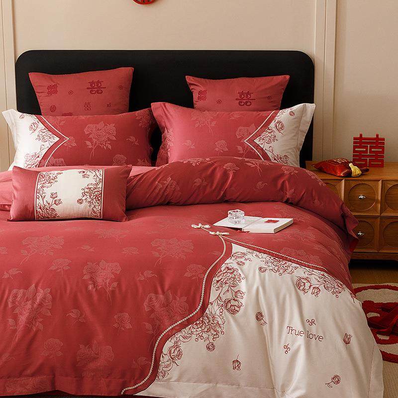 A类中式红色提花婚庆四件套100s贡缎长绒棉贴布绣花婚庆婚房结婚,3C数码配件,USB灯,淘宝优惠券,粉丝福利购,淘宝优惠卷