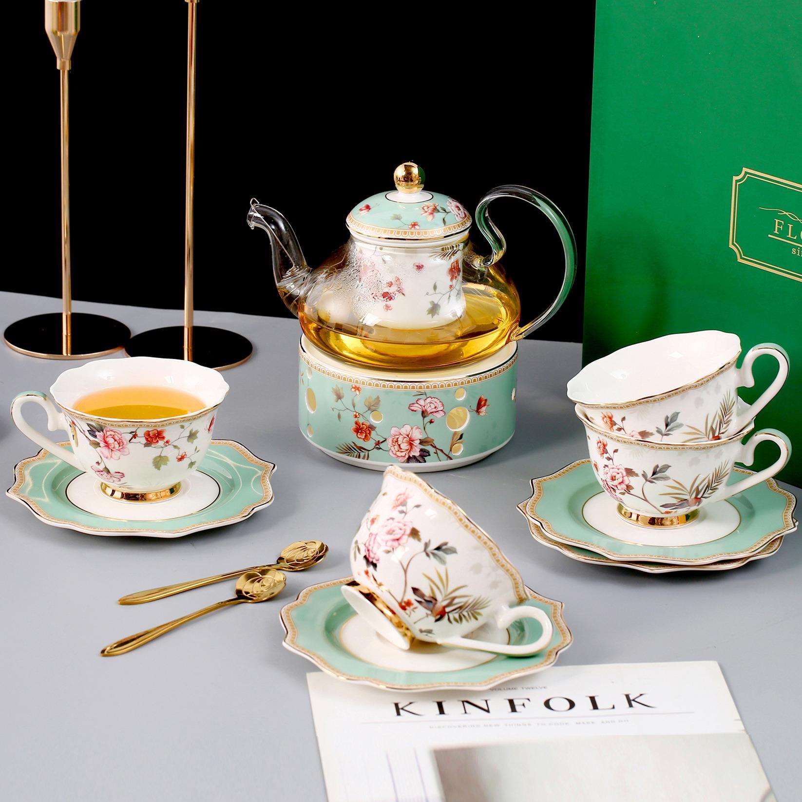 FLORIS御花园骨瓷茶具家用复古高颜值英式过滤加热陶瓷配玻璃套装