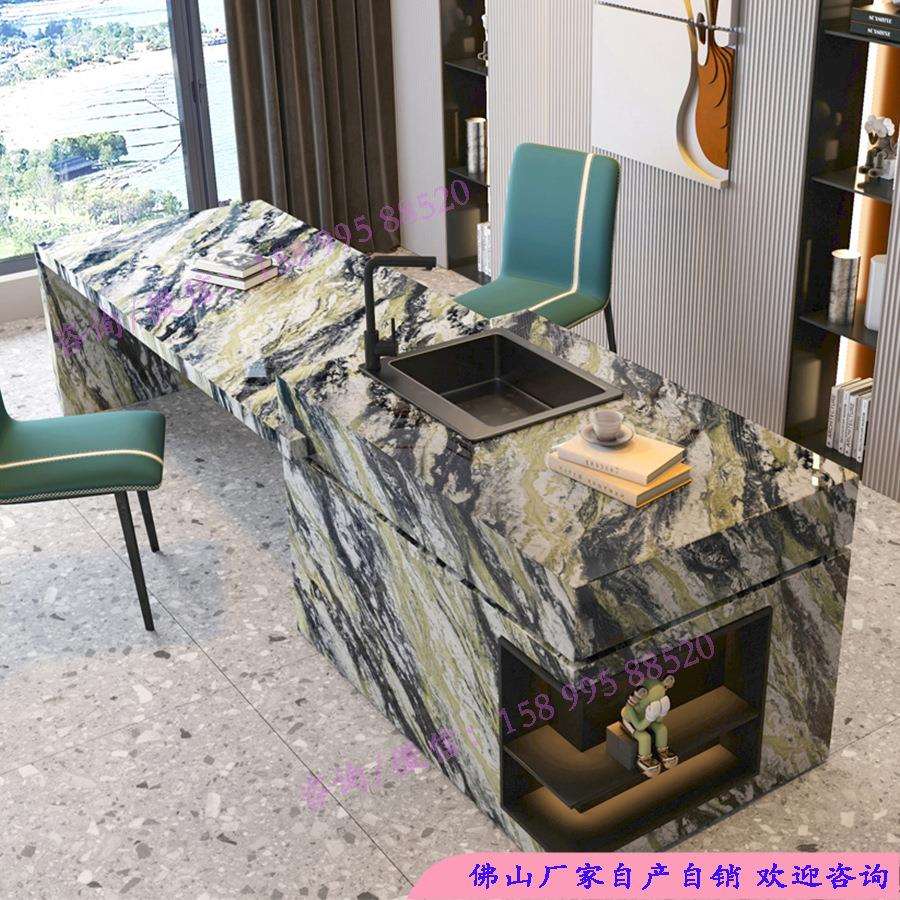 圆角多功能伸缩岩板岛台餐桌一体成品开放式厨房吧台餐桌岛台