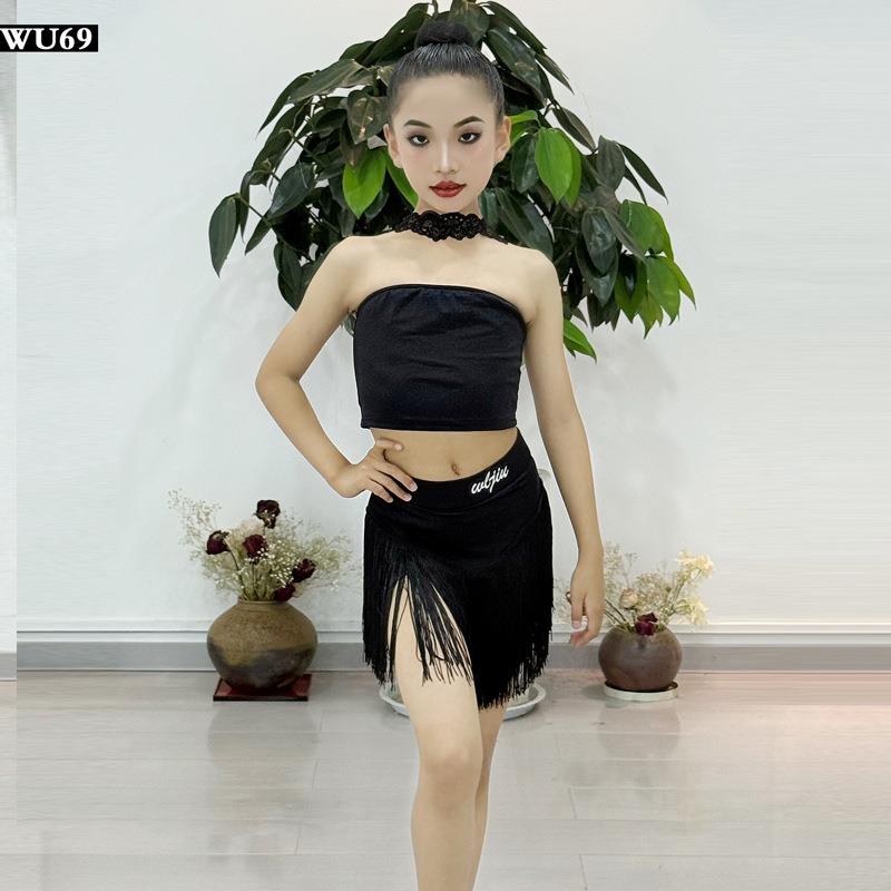 舞陆玖拉丁舞服女童新款挂脖抹胸流苏裙少儿拉丁舞练功表演服夏季