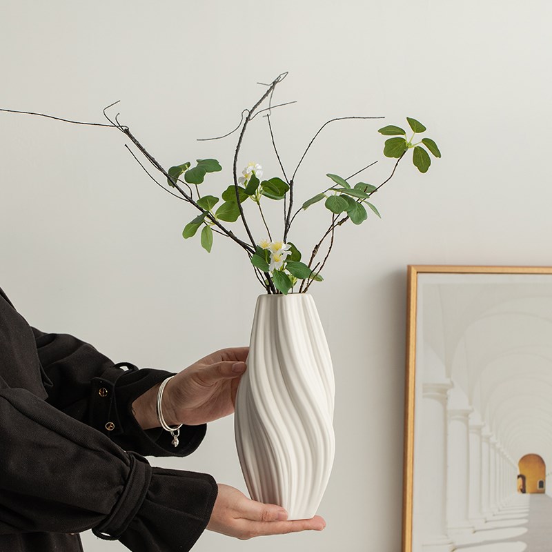 简约创意高级白色陶瓷花瓶装饰w干 干燥花鲜花客厅书房插花桌面摆