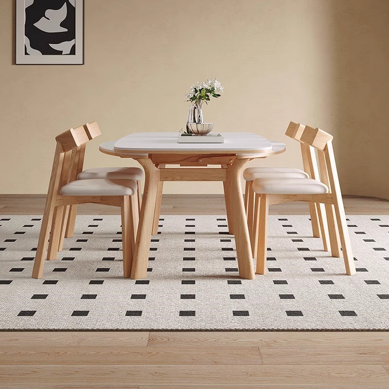 原木奶油风伸缩岩板餐桌家用折叠可变圆现代简约方圆X两用实木餐