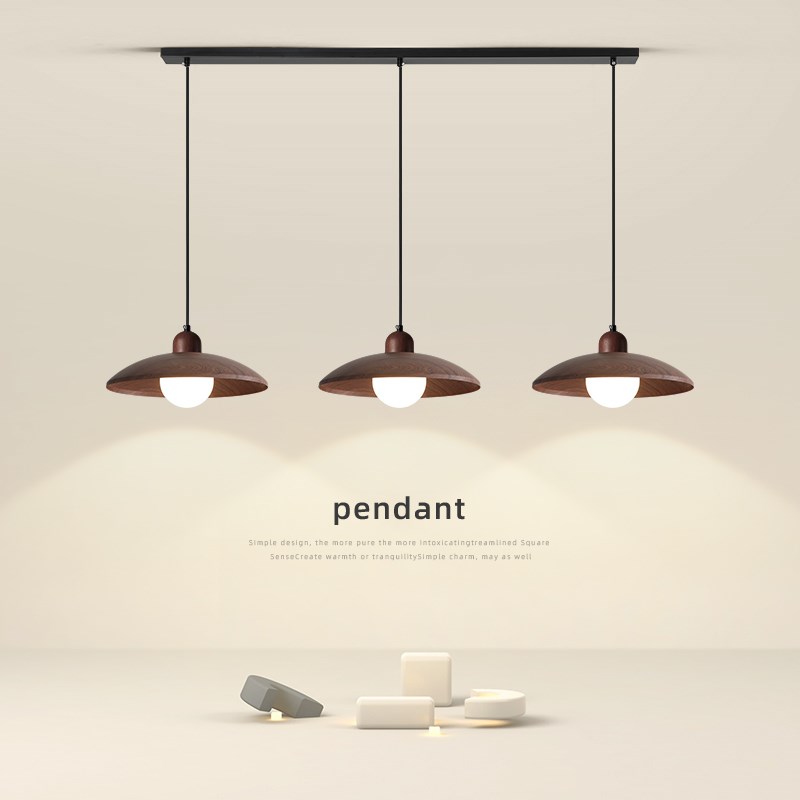 中古侘寂风餐厅吊灯胡桃木色简约个性艺术飞盘3头餐桌Z吧台小吊灯