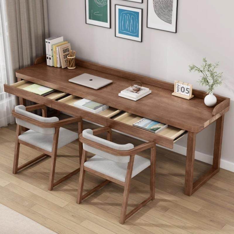 简约实木双人书桌椅 家用靠墙长条桌带抽屉儿童学生写字桌电脑桌