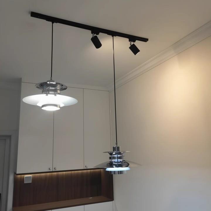 全光谱设计师中古飞碟餐厅复古ph5胡桃木纹铬色吧台双头轨道吊灯