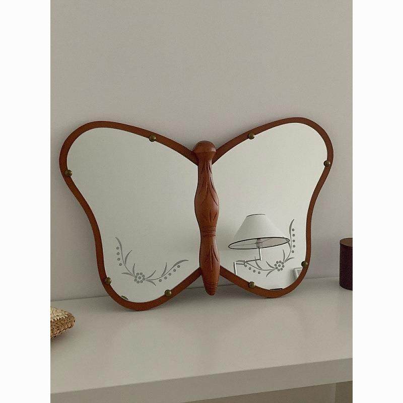 中古蝴蝶镜化妆镜实木镜法式复古梳妆镜设计师灵感打造化妆间卧室