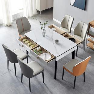 现代简约实木岩板餐桌椅组合带储物抽屉家用长方形玉晶石吃饭桌子