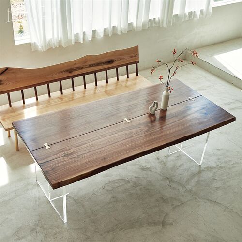 黑胡桃大板实木餐桌原木办公桌茶桌会议桌L客厅桌家用亚克力悬浮