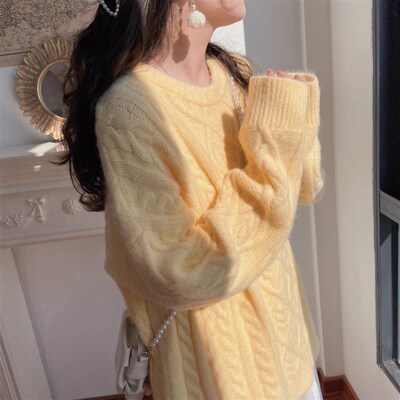 温柔系秋冬c软糯百搭奶蓝色圆领麻花宽松套头毛衣慵懒风外穿加厚