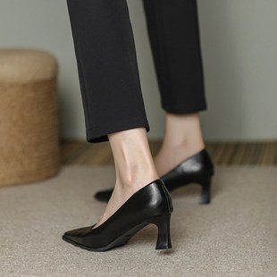 通勤软皮黑色工作鞋 气质高跟鞋 女简约百搭面试学生礼仪E职业正装