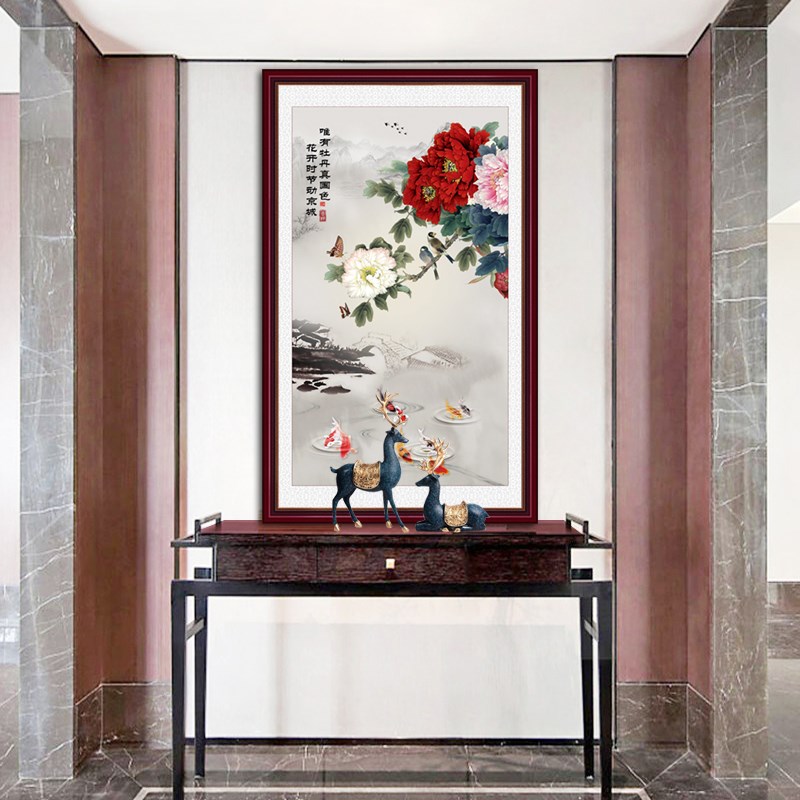 国画牡丹九鱼图花开富贵装饰画新中式竖幅入户玄关画走廊过道挂画图片