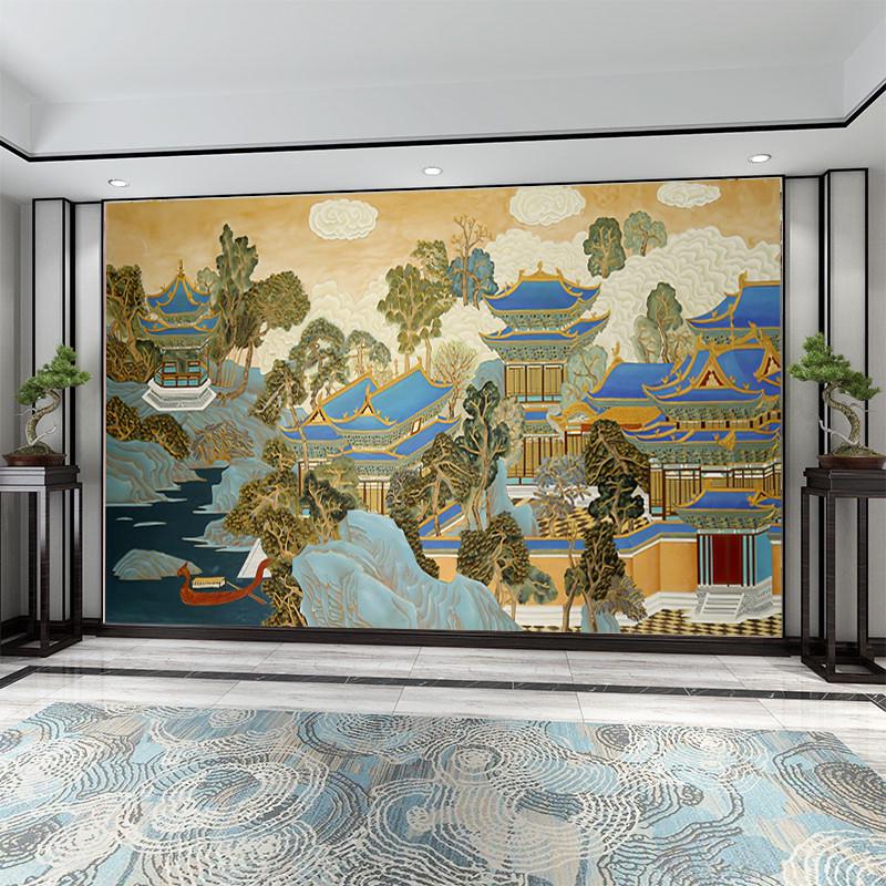 新中式山水画电视背景墙壁纸茶室饭店I餐厅墙纸沙发客厅影视墙壁