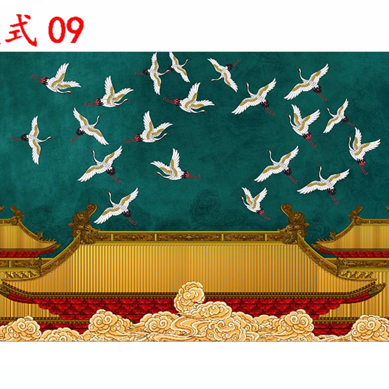 现代新中式山水楼阁壁布雅致意境线条墙布客厅沙发背W景墙纸茶壁