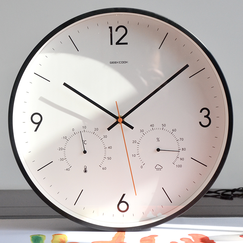 客厅挂钟北欧超静音时钟现代简约大气卧室圆N形石英钟挂墙表温湿