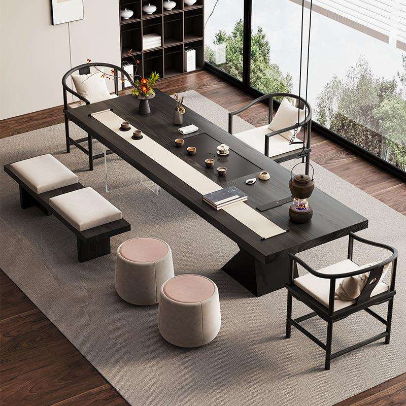 新中式轻奢实木家用客厅茶台现代简约黑色茶桌椅组合2025新款高端