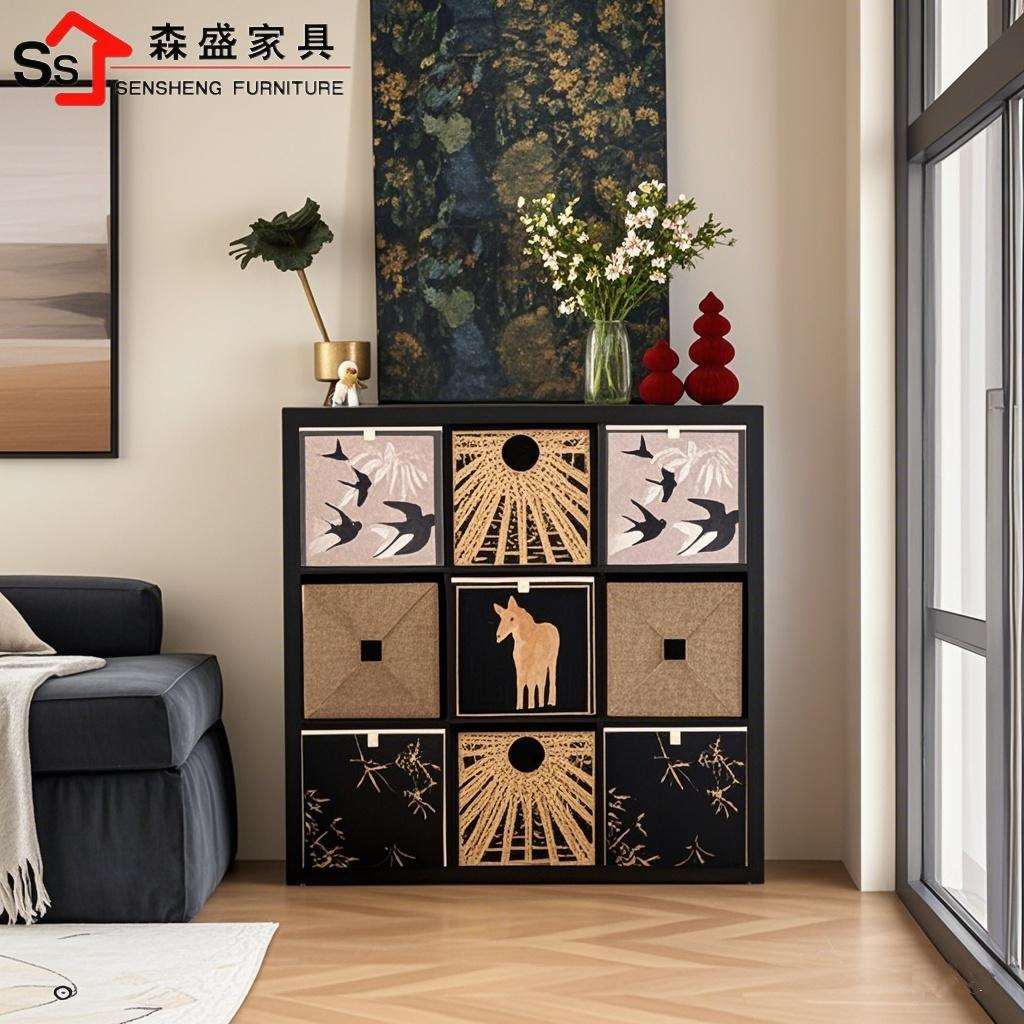 卡莱克格子柜黑色客厅靠墙边柜储物柜家用电视柜置物柜子落地书柜