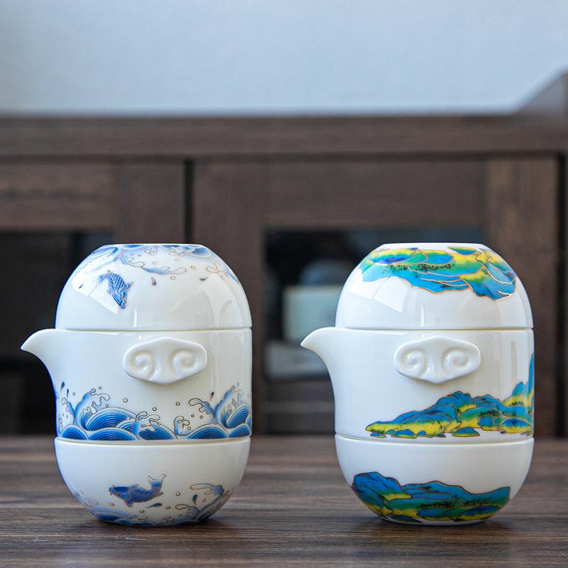 创意快客杯 羊脂玉瓷旅行茶具 德化白瓷一壶两杯便携收纳泡茶套装