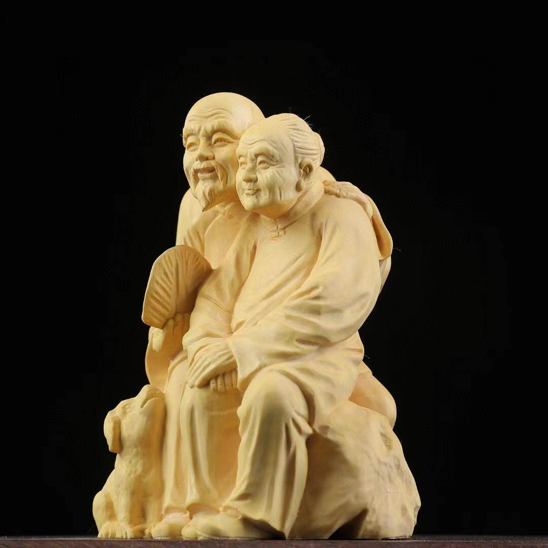 【老夫老妻】黄杨木实木雕刻相亲相爱家居摆设现代电视装饰摆件