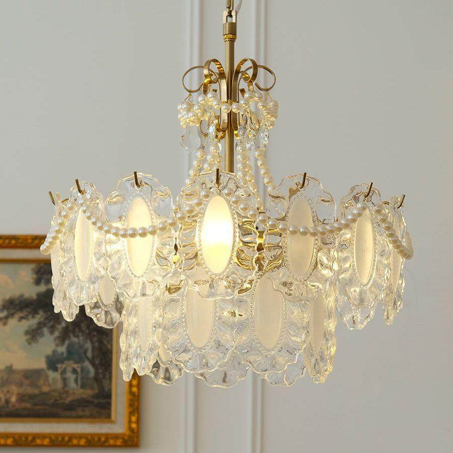 法式珍珠水晶卧室吊灯 轻奢复古百褶全铜灯奶油风 灯具餐厅客厅灯