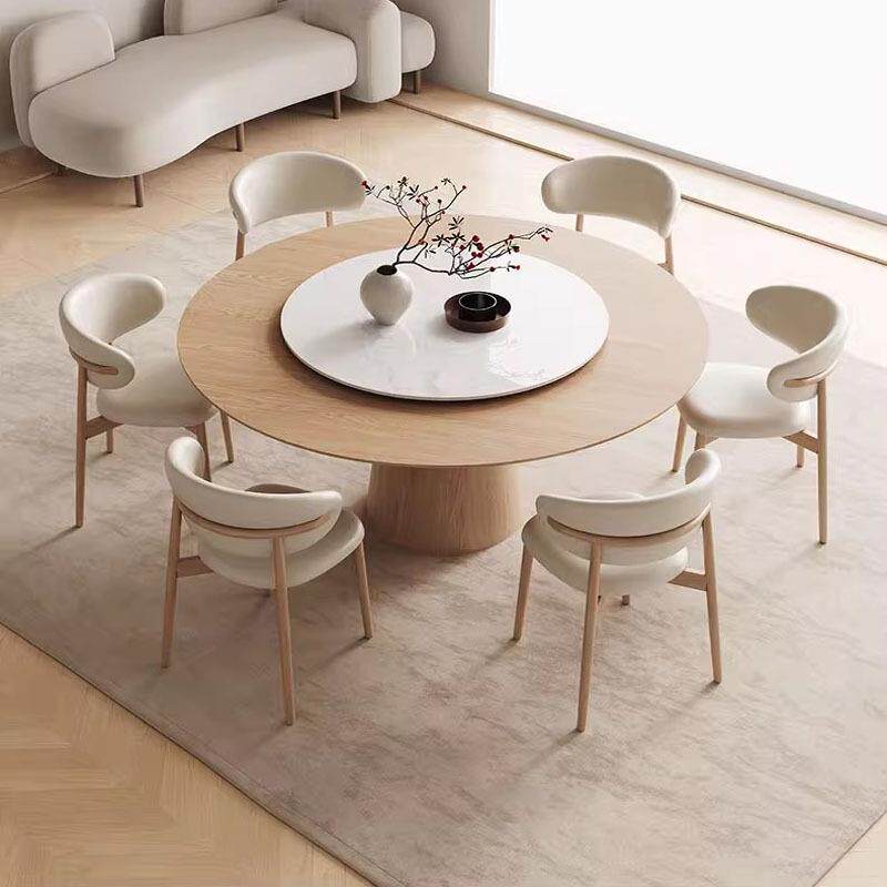 原木奶油风实木圆桌家用小户型餐厅圆形饭桌白蜡木圆餐桌带转盘