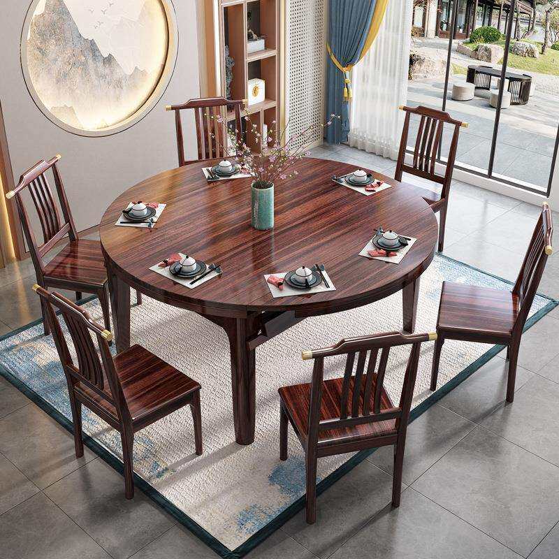 乌金木新中式轻奢实木餐桌椅组合家用吃饭桌子可伸缩变形两用圆桌