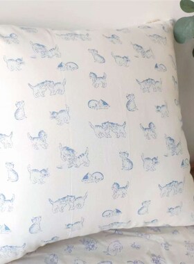 韩国ins风纯棉可爱蓝色小猫咪抱枕靠垫抱枕沙发靠枕方枕