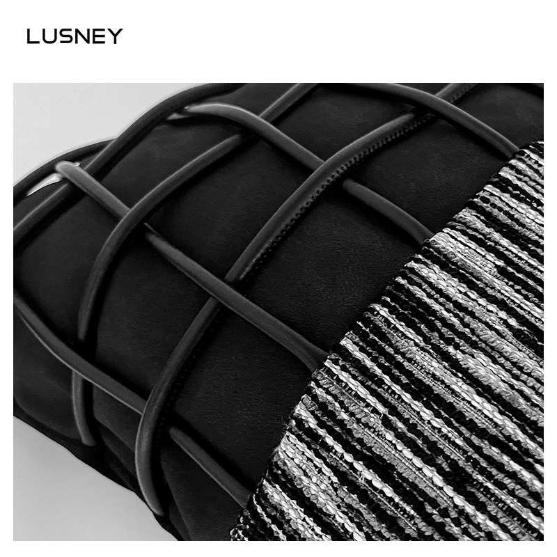 腰枕沙发长方形抱枕高级客厅靠垫黑灰色编织绳拼接酒店样板间靠枕