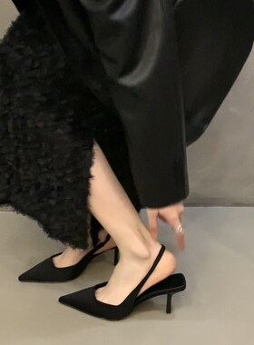 法式高跟鞋黑色气质包头凉鞋仙女鞋子2024新款春夏季细跟尖头单鞋