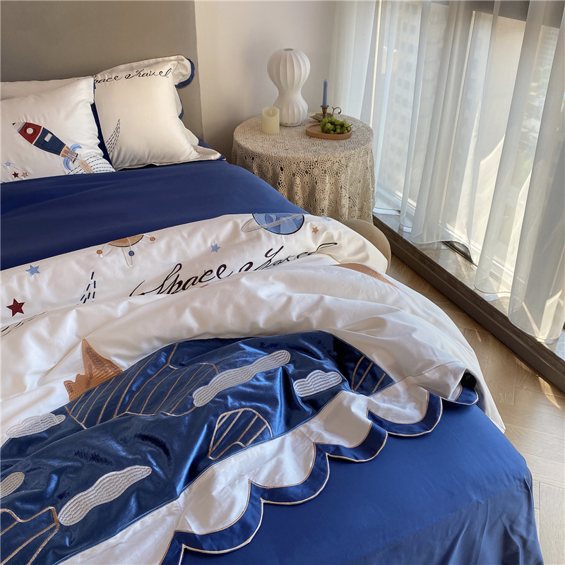 可爱卡通儿童样板间男孩60支长绒棉四件套全棉刺绣床上用品