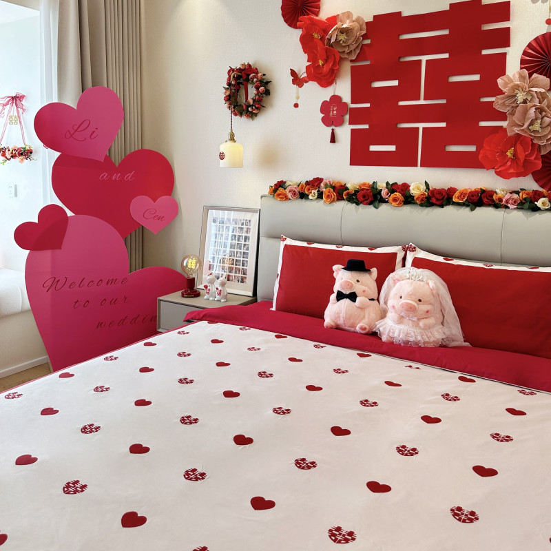 简约爱心印花100支红色四件套婚庆被套陪嫁喜被结婚牀上用品婚嫁