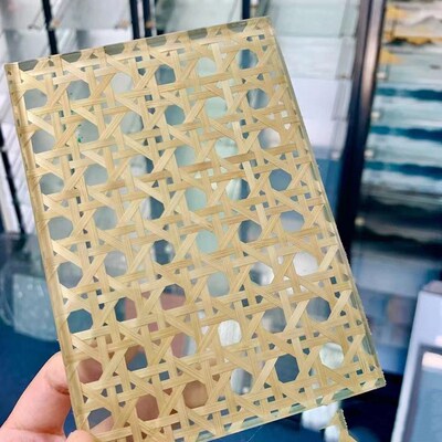 竹编夹丝玻璃艺术玻璃隔断屏风推拉门酒店夹丝绢玻璃