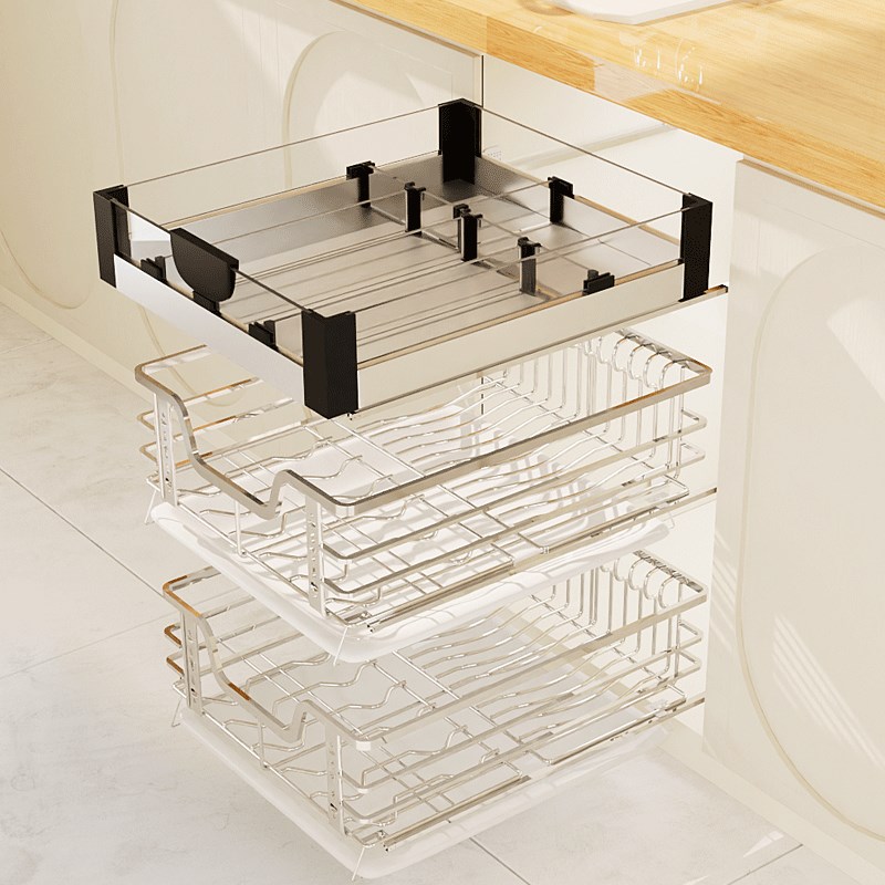 加深47橱柜厨房碗碟拉篮304不锈钢抽屉碗架小拉篮400柜体450阻尼