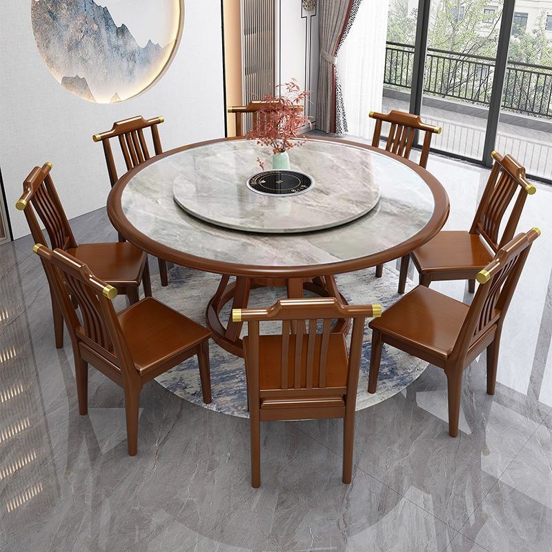 新中式实木岩板餐桌椅组合现代简约家用带转盘饭店电W磁炉大圆桌