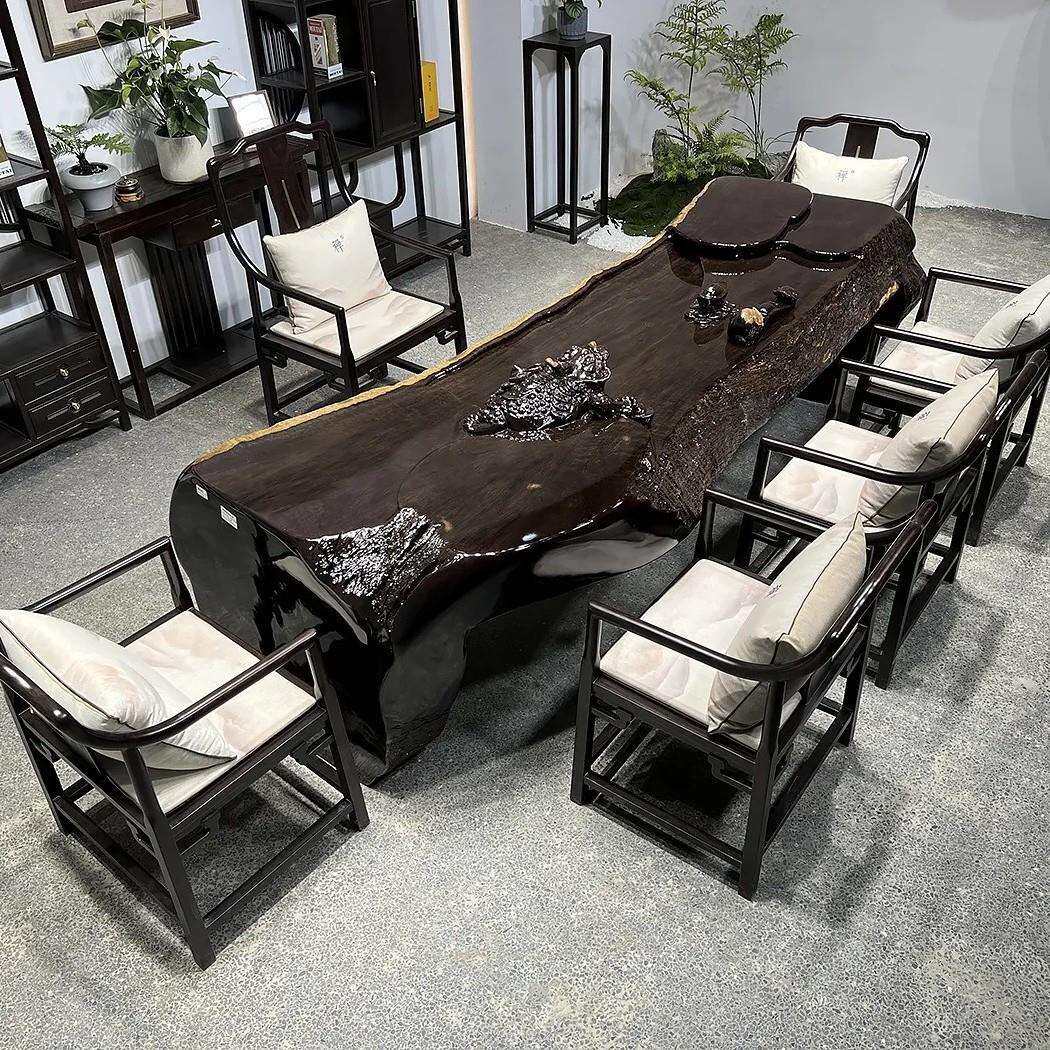黑檀根雕茶台新中式实木茶桌客厅茶几家用阳台家具现代简约大板桌
