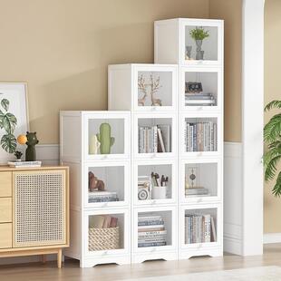 白色防尘书柜带玻璃推拉门展示实木落地家用楼梯下储物柜书房收纳