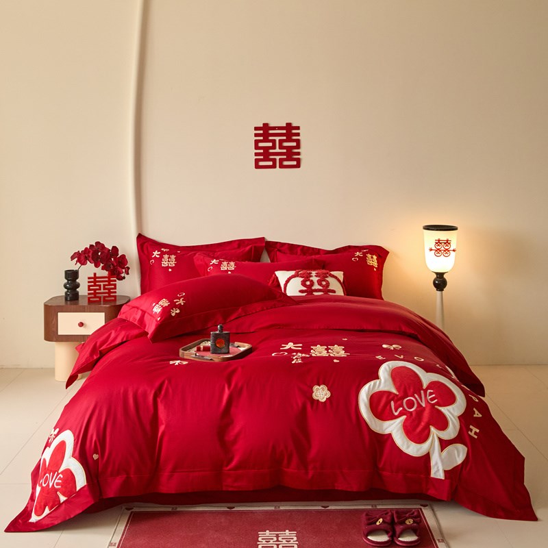 高档中式结婚四件套喜庆大红色刺绣纯棉被套床单陪嫁婚庆床上用品