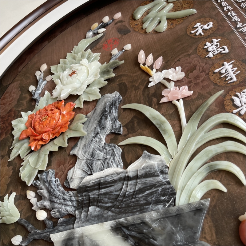 客厅装饰画新中式走廊过道玄关挂画餐厅圆形壁画玉雕画带灯光玻璃图片