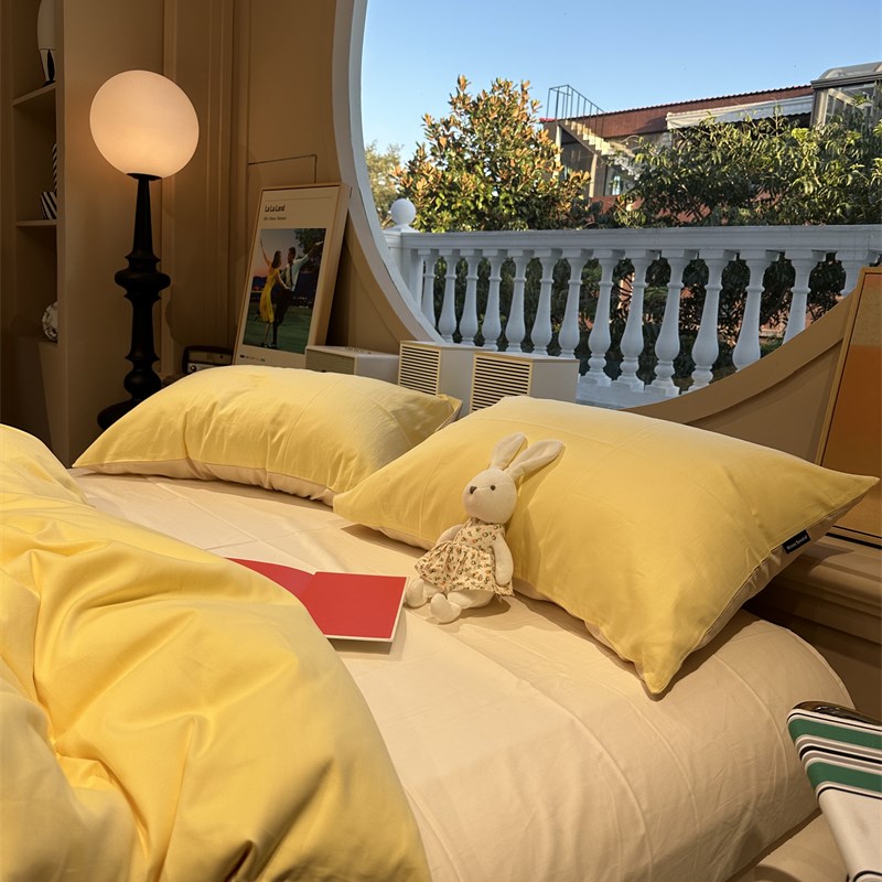 超柔A类100支纯色磨毛芝士黄落日余晖四件套1.5m1.8床单被套纯棉