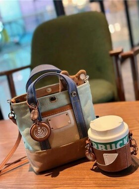 2024新款帆布包手提斜挎手机包便当包单肩日系拼色水桶包mini包包