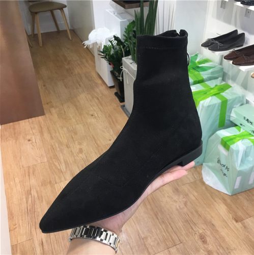 2021秋冬新款平底黑色尖头后拉链短靴女低跟显瘦裸靴弹力瘦瘦靴女