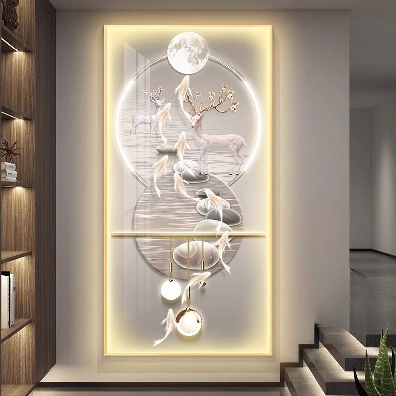 壁灯福鹿九鱼图玄关高端装饰画LED发光走廊过道楼梯灯画进门挂画