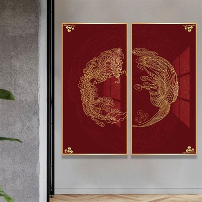 龙凤呈祥装饰画大红色喜庆晶瓷画婚庆公司会客室沙发竖版两幅挂画