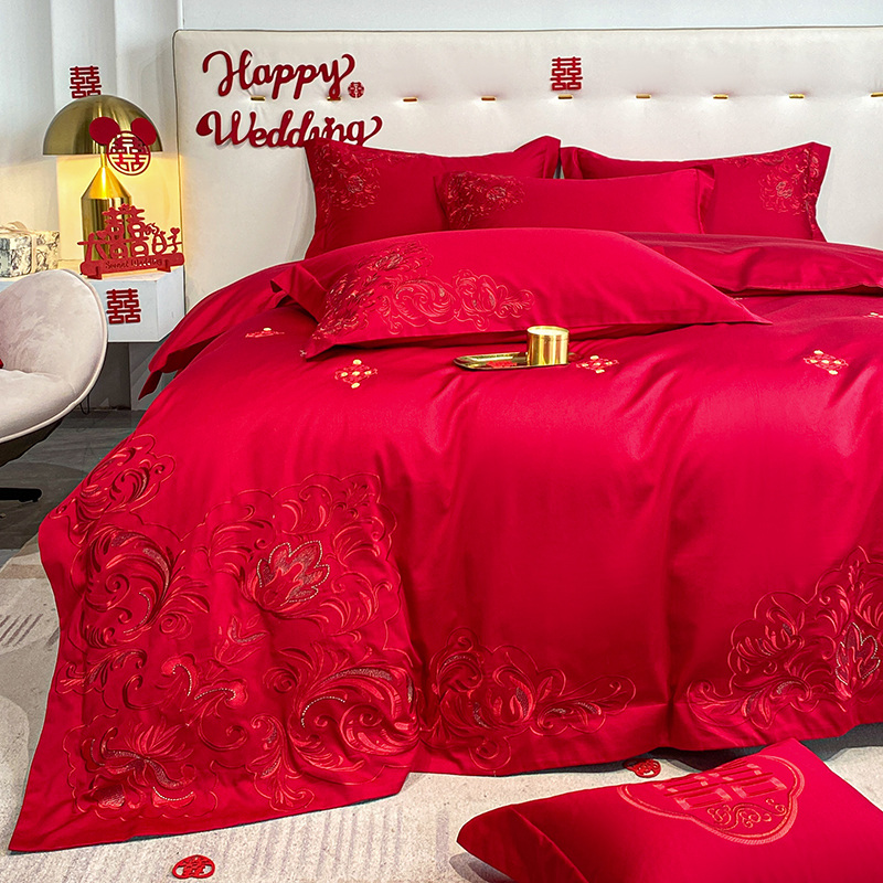 高档100S婚庆四件组大红色全棉纯棉被套牀单欧式陪嫁结婚牀上用品