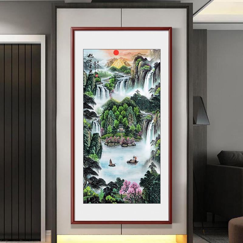 聚宝盆山水画挂画进门玄关画竖版八方来财装饰走廊过道壁画办公室