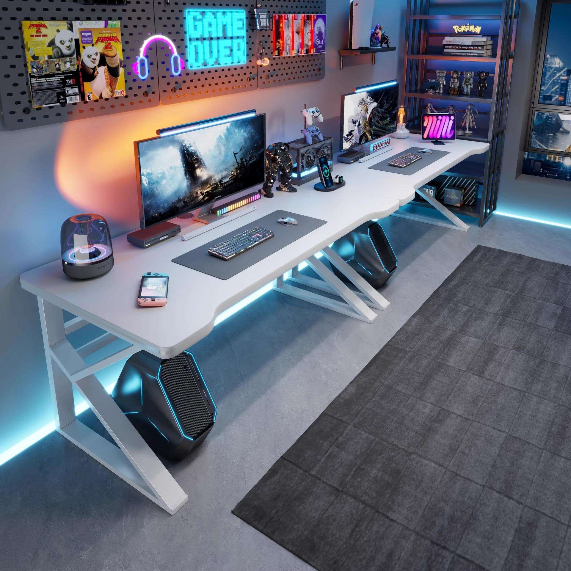 双人电脑桌白色电竞桌家用办公桌工作台卧室长条并排书桌靠墙桌子