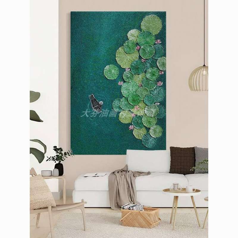 顺丰】客厅好运莲莲手绘油画玄关绿色荷花叶肌理装饰壁画立体石英图片