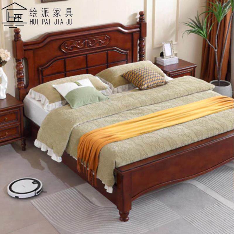 美式乡村实木1.8m大床双人床卧室橡胶木高箱储物床现代简约端庄