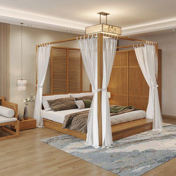 床现代简约四东南亚风格家具榻榻米双人民宿新中式实木床架子柱床